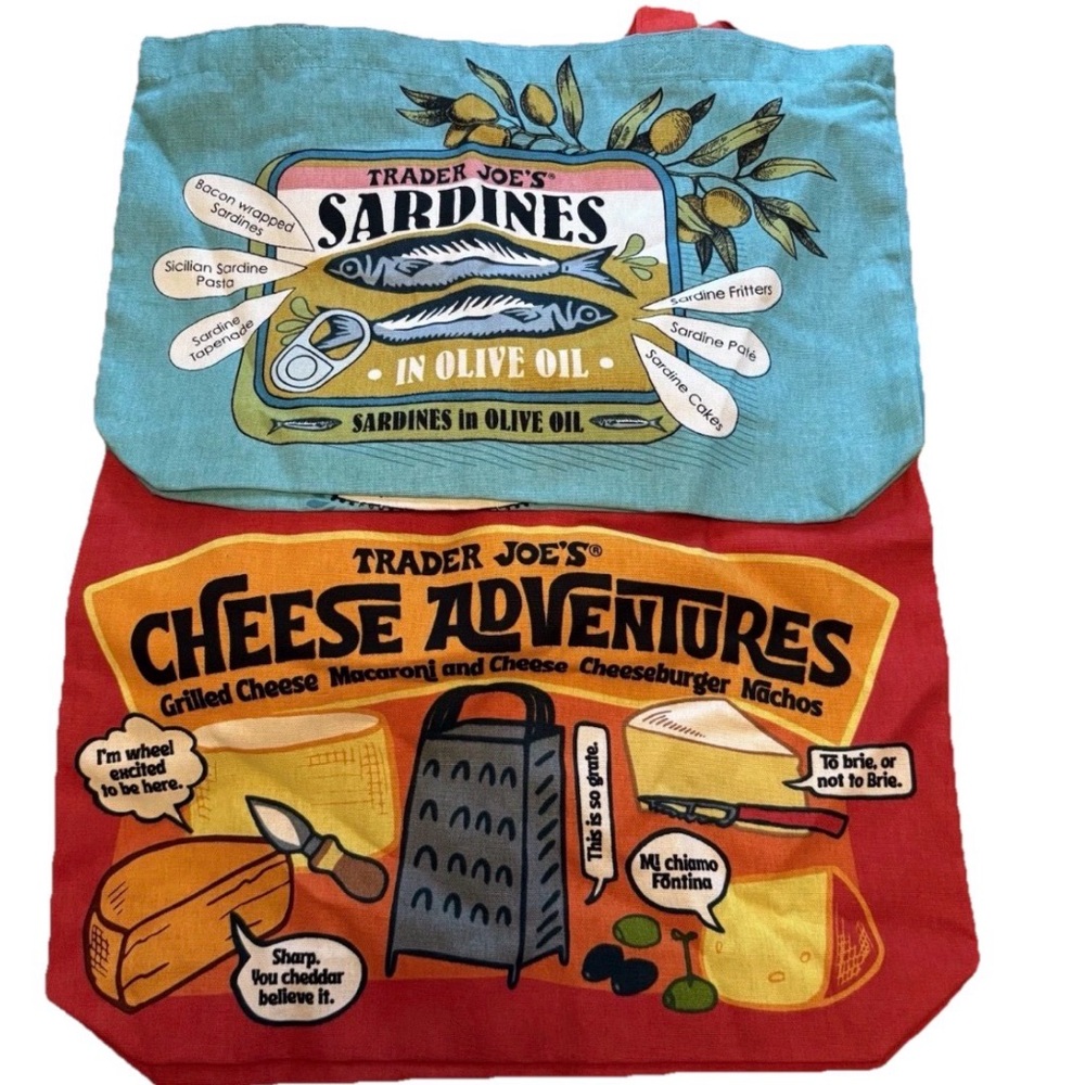 Trader Joe’s Reusable Canvas Tote Bag Sardine And Cheese Adventures (Set of 2)